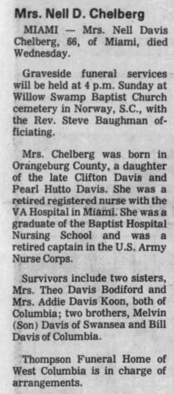 Obituary for Nell Davis Chelberg (Aged 66)